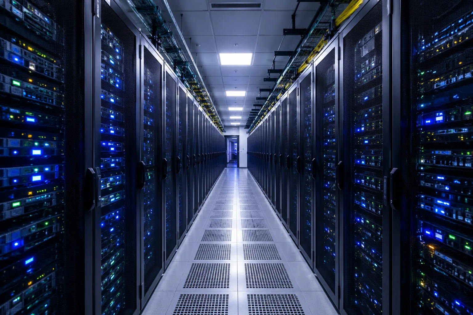 Data center infrastructure asset management 3D graphic showing server racks and uptime monitoring